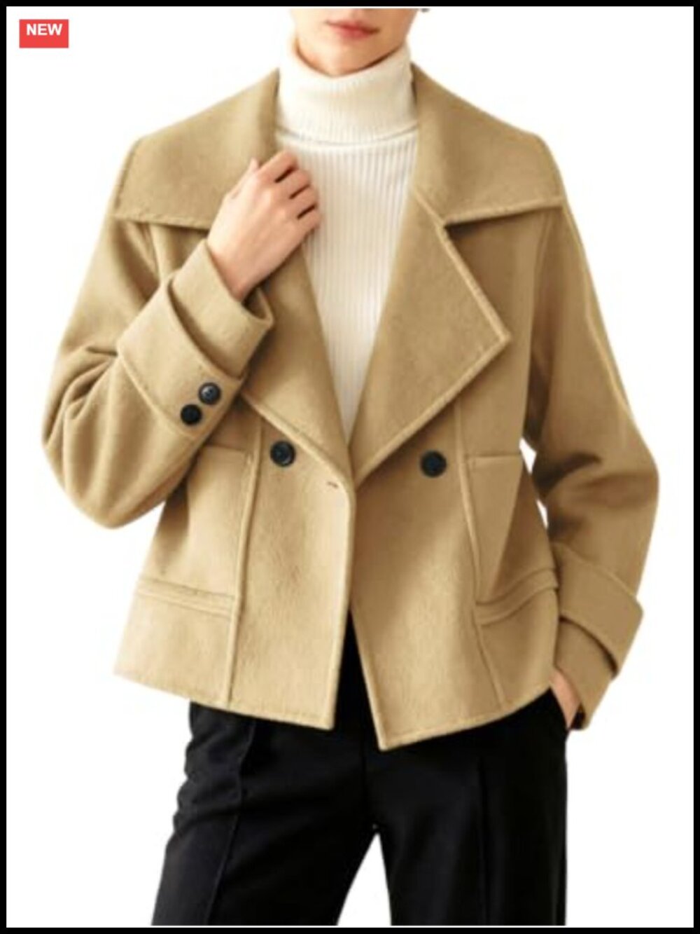 Cropped Wool Pea Coat Notch Lapel Button Short Jacket with Pockets